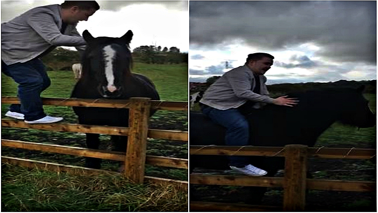 Confident bareback rider waving to camera