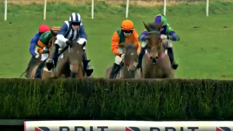 Jockey clinging to horse's neck