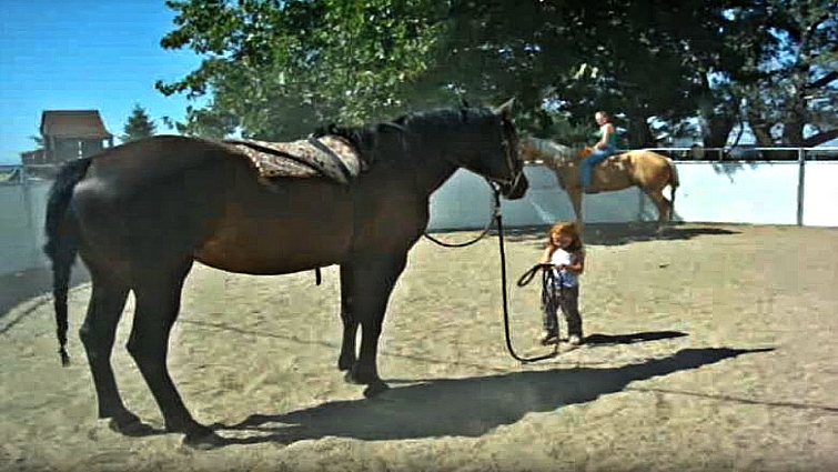 Young girl riding large horse confidently